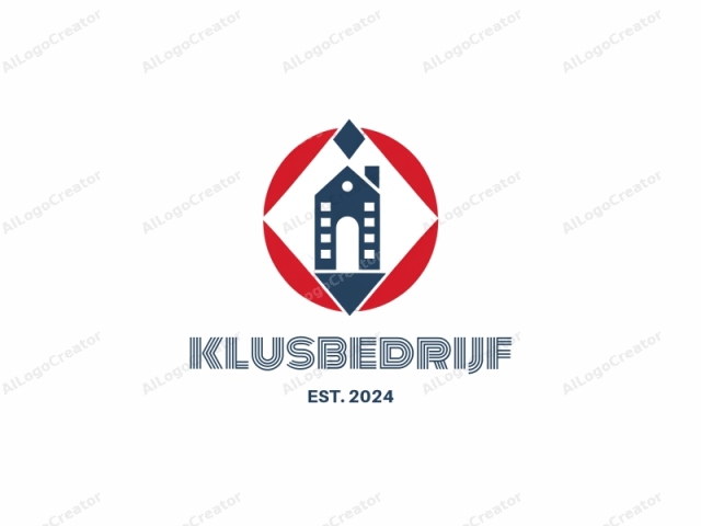 The logo is a simplistic, geometric design consisting of primary colors. It features a dark blue house icon centrally placed within a larger red circular frame, with an additional outer diamond-shaped frame in red and blue. The house symbol, resembling a two-story