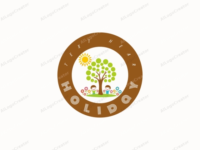 ein verspieltes, farbenfrohes und stilisiertes Logo. Diese digitale Illustration zeigt zwei fröhliche Kinder im Vordergrund, die sich unter einem großen, cartoonartigen Baum befinden. Die Kinder stehen nebeneinander, jedes mit hellen, lächelnden Gesichtern, und ihre einfache