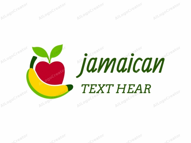 This is a digital logo, characterized by a simple, clean, and modern design. The central focus is a large, bright red apple, with a green stem and leaf emerging from its top. To the left, there is a large, curved