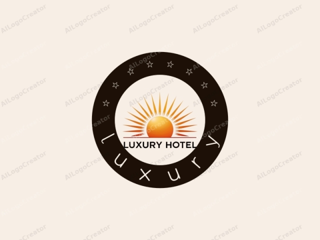 This is a digital, minimalist logo for a luxury hotel. The design is centered around a stylized sun, which is rendered in a gradient of orange hues, giving it a radiant and warm appearance. The sun is depicted as a perfect circle,