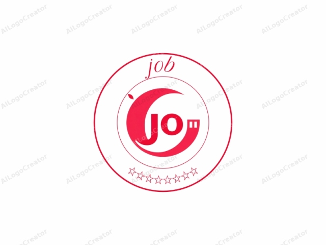 El logotipo es de estilo minimalista y moderno. Consiste en un diseño circular con letras en negrita, rojas y sin serifa. La letra central "J" aparece en una forma estilizada y en bucle, que recuerda a una fuente moderna y abstracta.