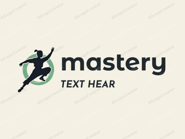 This logo features a minimalist, stylized silhouette of a person engaged in martial arts, specifically martial arts with an Asian influence. The figure is depicted mid-air, with one leg extended forward and the other bent back, while the arms are in dynamic