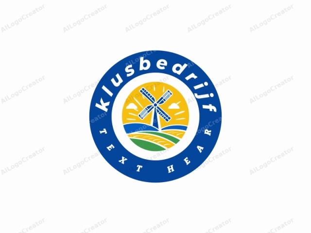 which is a vector graphic depicting a stylized windmill set against a bright yellow circular background. The windmill, centrally positioned, features a blue body and white blades, with a prominent, white, vertical axis. Surrounding the windmill,