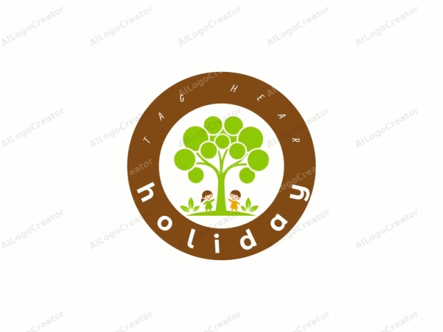 Dies ist ein stilisiertes, minimalistisches Logo, das zwei kleine Kinder darstellt, die unter einem großen, grünen, belaubten Baum stehen. Der Hintergrund ist weiß und bietet einen starken Kontrast, der die lebendige grüne Farbe des Baumes und der Kinder betont. Der Baum hat eine glatte