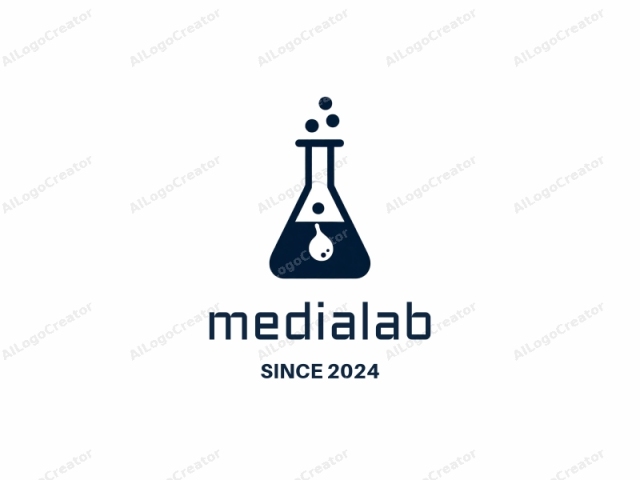 This is a minimalist, monochromatic logo featuring a scientific beaker filled with an unidentified liquid. The beaker is drawn in a dark navy blue color and is positioned centrally on a stark white background. The beaker is conical in shape