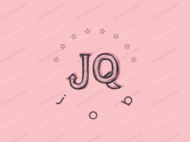 La imagen es un logo minimalista sobre un fondo sólido de color rosa claro. Centrado en el marco, la característica principal es el acrónimo en mayúsculas "JQ" en una fuente sans-serif audaz. Las letras están delineadas en negro, dándoles