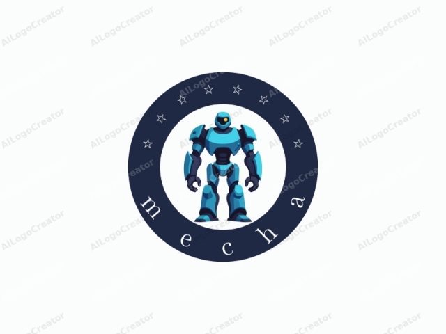 This is a stylized, flat, vector digital drawing of a humanoid robot. The robot stands in a full-frontal view against a plain white background, emphasizing its detailed design and vivid colors. The robot is predominantly light blue with darker accents,