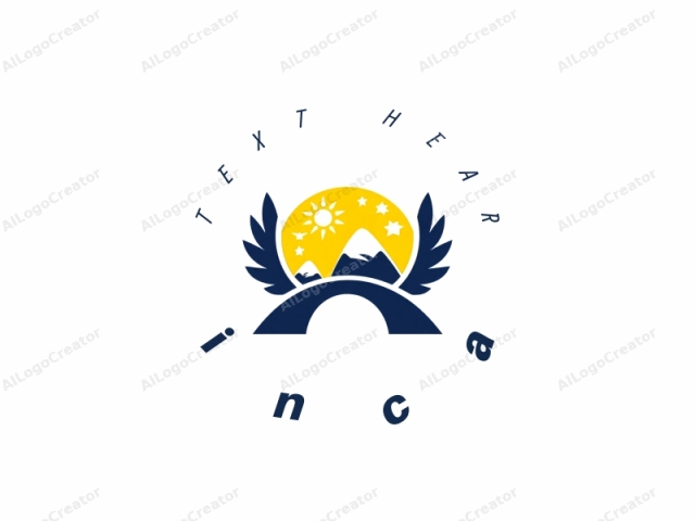 in a digital medium. The logo is a clean, abstract design that combines elements of nature and geometry. The central focus is a vivid yellow sun with five bright white stars scattered around it, positioned against a blue sky. Surrounding the sun are styl