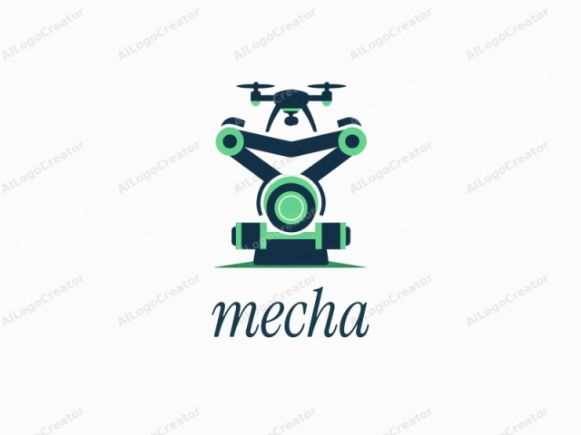 featuring a robotic arm superimposed over an aerial drone, set against a plain white background. The robotic arm is depicted in a minimalist, flat style with bold, angular lines and shades of black and green. Its design is clean and geometric,