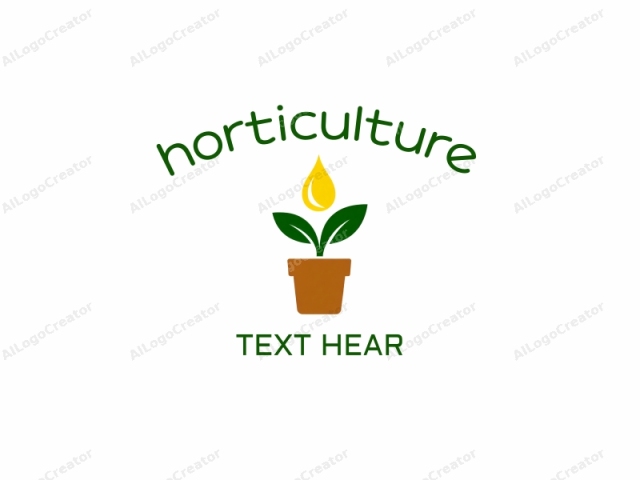 The logo is a simple, stylized, and minimalist illustration of a plant with a bright yellow drop of water atop its leaves. The plant is represented by two broad, dark green leaves with pointed tips, emerging from a short green stem. The