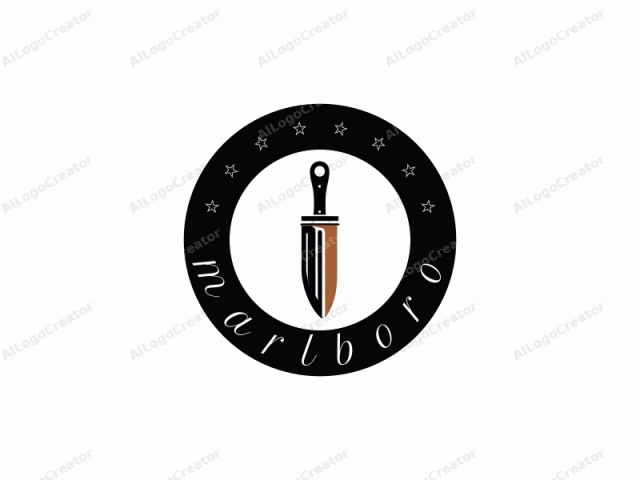 This is a stylized logo featuring a knife. The knife is depicted in a simplistic, modern art style, with bold, geometric shapes. The handle and blade are outlined in black, while the pommel (butt) and part of the