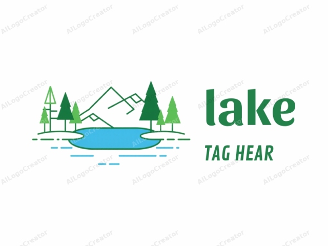 This is a minimalist digital illustration depicting a serene natural scene. The background is a stark white, providing a clean, clear canvas for the elements. At the center, there is a small, smooth lake, represented by a simple, blue oval.