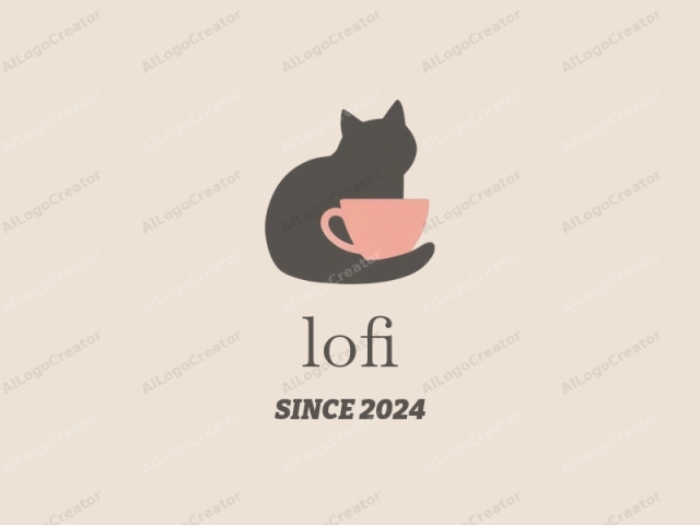 This is a minimalist vector graphic depicting a stylized black cat sitting beside a pink teacup. The cat is facing away from the viewer, its silhouette defined with sharp, clean lines. Its body is curved in a relaxed position, and its