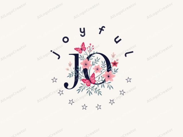 which features a clean and elegant design with a delicate, floral theme. The image showcases the letter "J," prominently displayed in a bold, navy blue serif font. Surrounding the letter are intricately designed floral elements. The flowers are in shades