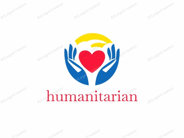 This is a logo featuring an abstract design. At the center, a bright red heart occupies the focal point, symbolizing love and compassion. Flanking the heart, two stylized blue hands are symmetrically positioned, one on each side, gently