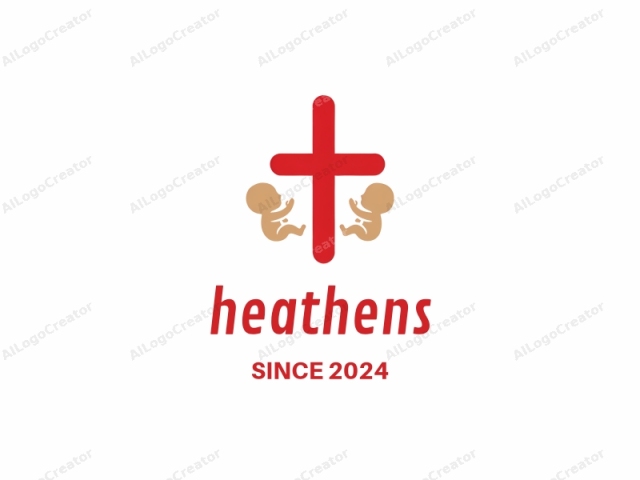 Das Logo ist minimalistisch im Stil und zeigt ein großes, fettes rotes Kreuz vor einem weißen Hintergrund. An jedem Arm des Kreuzes befinden sich zwei kleine Figuren, jede in einer einfachen, kindlichen Art dargestellt. Diese Figuren sind braun und repräsentieren