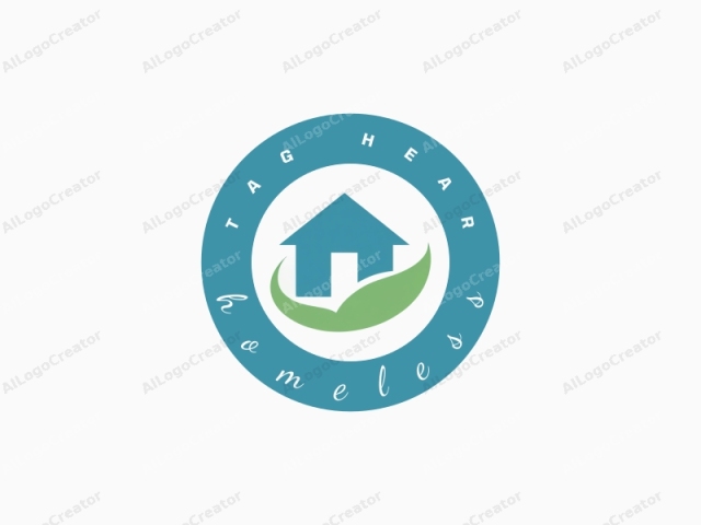 This image is a clean, minimalistic logo featuring a stylized house and a leaf, both in a flat, two-dimensional design. The house is depicted in a bold, teal-blue color with a triangular roof and a rectangular base, symbolizing