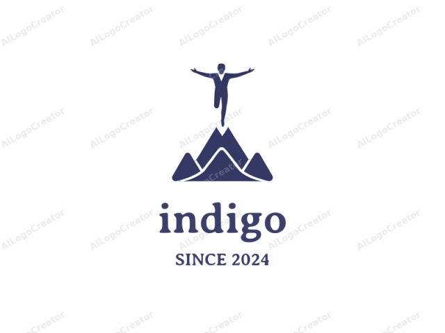 This is a minimalist, stylized logo featuring a simple silhouette of a person in mid-air, superimposed over an illustration of a mountain range. The person, drawn in a solid, dark blue color, has arms stretched out to the side