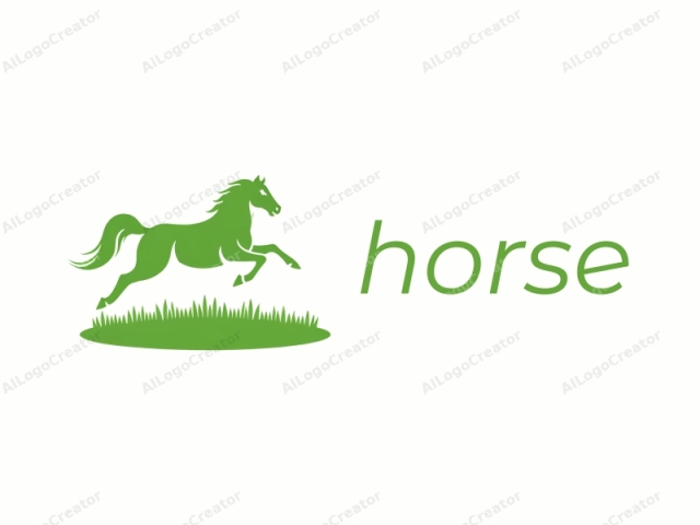 This is a minimalist, flat-style logo depicting a green horse in mid-gallop against a stark white background. The horse is rendered in a single, bold color, emphasizing its dynamic motion with a sleek, stylized form. The mane and