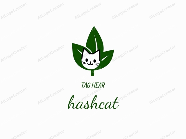 This is a digital logo featuring a stylized, cartoonish cat face integrated into a green leaf. The cat's head is centered within the leaf, with the white face, black eyes, and pink nose and mouth outlined in black. The cat