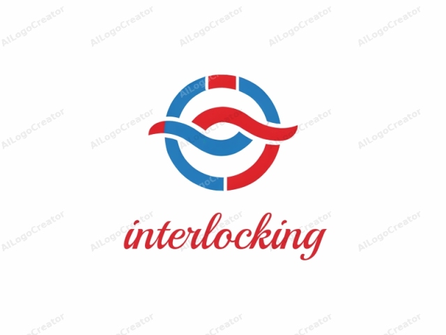 The image features a minimalist, abstract logo design, prominently set against a stark white background. Central to the image is a stylized, modern symbol consisting of two large, bold arcs: a blue arc and a red arc. The blue arc forms