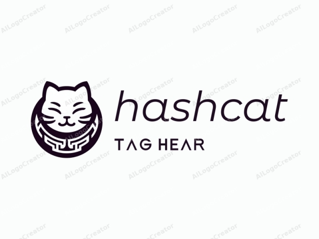 This image is a minimalist, black-and-white logo illustration of a cat's face within a circular border. The cat’s head is centrally positioned and facing forward with a content and serene expression. Its eyes are closed, conveying a sense of peace or