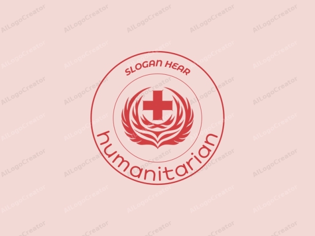 The logo is a stylized, geometric design set against a light pink background. The main subject is a prominent red cross at the center. Surrounding the cross are two wings, also in red, that curve and meet at the top to form