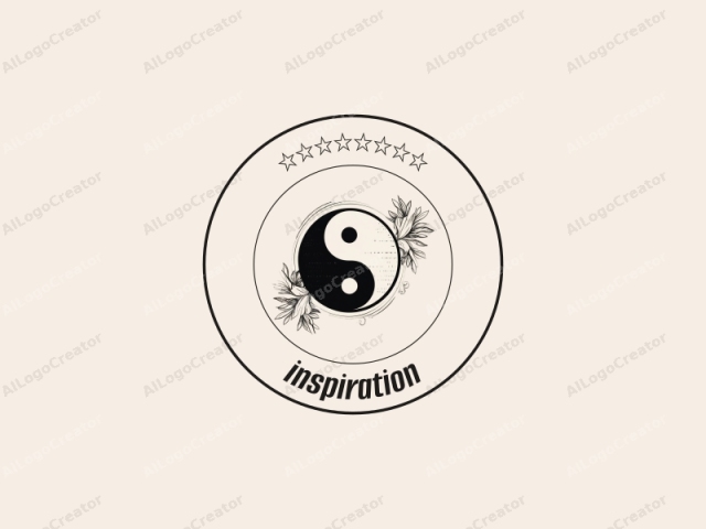 This is a minimalist digital drawing in monochrome, featuring a traditional yin-yang symbol at the center. The yin-yang symbol is divided into two halves: one black and one white, with a central dot of the opposite color in
