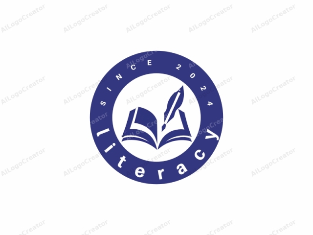 which features a stylized, minimalist design. The image prominently features a blue quill pen poised atop an open book, symbolizing learning, creativity, and the written word. The quill, rendered in a single, sleek line, points diagon