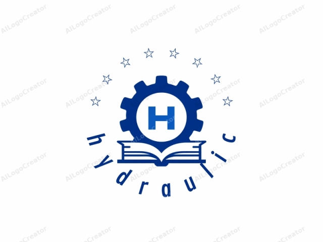describing its visual features in an objective and concise manner. This logo consists of a simplistic, stylized design primarily utilizing blue and white colors. The main element is a large gear icon with prominent teeth and a central circular cutout. Inside the gear