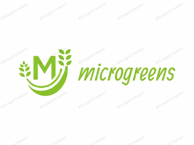 que presenta un diseño minimalista y geométrico. El logotipo se coloca sobre un fondo blanco puro, lo que le da una apariencia clara, limpia y moderna. Muestra prominentemente una "M" en mayúscula en el centro, hecha en un color verde brillante y audaz