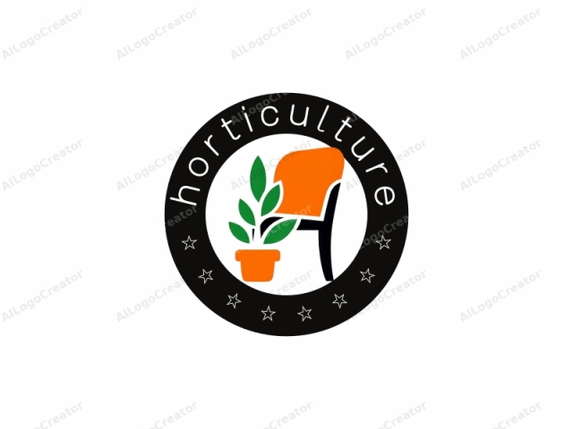 in a minimalist style. The logo features a simplified, flat-design representation of an orange chair with a black armrest and a white seat. Positioned next to the chair is a small potted plant with green leaves and a bright orange pot, both situated