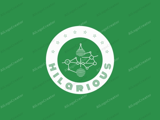 Este es un logo digital minimalista compuesto principalmente por líneas blancas sobre un fondo verde sólido y plano. La imagen presenta un conjunto de formas geométricas interconectadas que se asemejan a átomos o nodos en una estructura molecular. En el centro, hay dos formas circulares con concéntricas