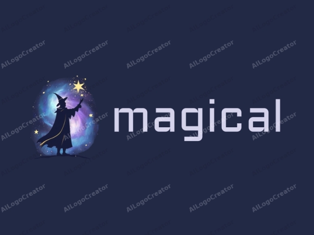 This is a digital illustration depicting a silhouette of a figure in a classic wizard or sorcerer's attire. The character is a wizard or sorcerer, easily identifiable by the large pointed hat, known as a wizard's hat, with a wide br