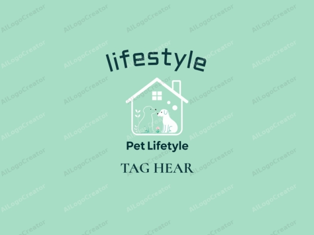 This is a minimalist logo design featuring a stylized drawing of a house and two dogs. The house is depicted with a simple, clean outline in white, set against a solid mint green background. The house is shown in a side view, with