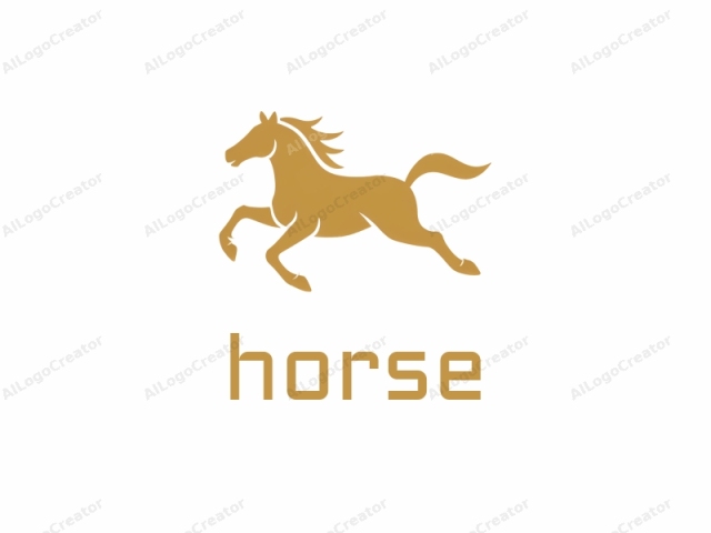 The image features a stylized, golden yellow silhouette of a running horse against a plain white background. The horse is portrayed in a dynamic motion, captured mid-stride with all four legs lifted off the ground. Its mane and tail flow backward,