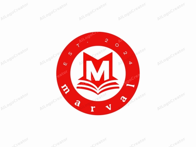 featuring a bold and modern design. The logo consists of a bright red letter "M" superimposed over a stylized book. The "M" is prominently displayed at the center of the design, occupying most of the space. The "