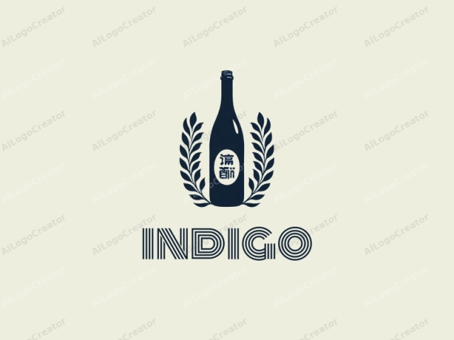 focusing on its visual elements and design principles. This is a minimalist, monochromatic logo in a vintage style, featuring a simple, clean design. The main subject is a bottle, drawn in dark blue, with a rounded neck and narrow base