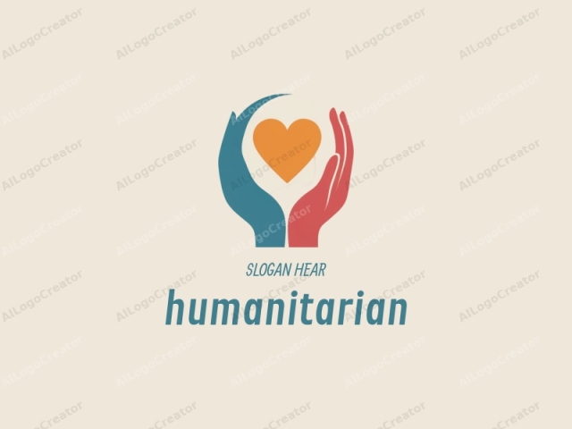 The image is a minimalist logo featuring two stylized hands, one on each side of a large, central heart. The left hand is in the color blue, and the right hand is in the color red. The heart is a solid orange,