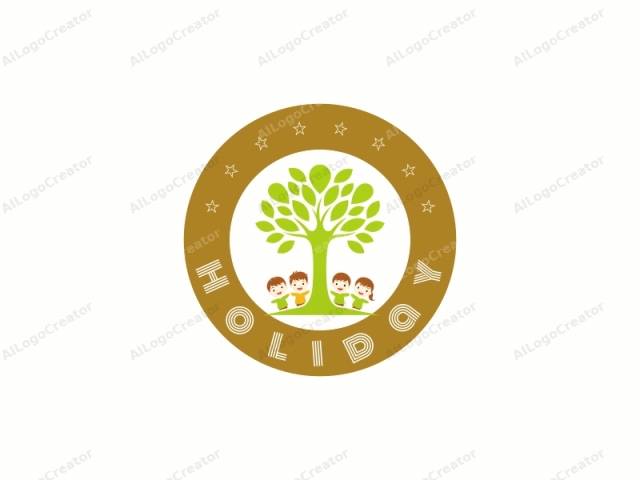 Dies ist eine farbenfrohe, digitale Logo-Illustration, die einen großen, grünen Baum mit einer vereinfachten, belaubten Krone vor einem weißen Hintergrund darstellt. Vier fröhliche Kinder stehen in einer Reihe am Fuße des Baumes, jedes mit einem strahlenden Lächeln. Die Kinder sind