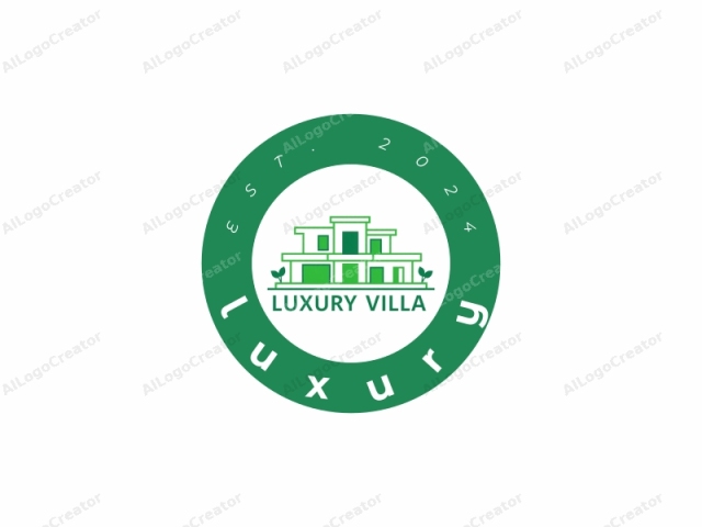 This is a minimalist, digital logo design featuring a modern, abstract representation of a luxury villa. The image is predominantly green with clean, bold lines. The design consists of three rectangular structures that represent the building. The structures are stacked vertically, with