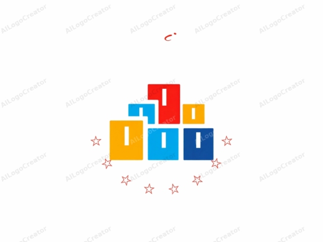 which features five rectangular shapes in vibrant colors against a white background. The rectangles vary in size, forming a slightly asymmetrical arrangement. From left to right, the colors are yellow, red, blue, blue, and red. The yellow rectangle is