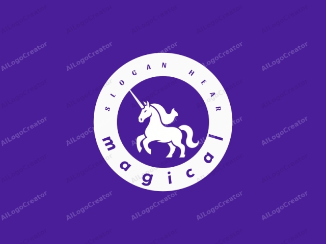 This is a minimalist digital logo design of a unicorn set against a solid purple background. The unicorn is depicted in a stylized, abstract manner, featuring bold, clean lines and simple shapes. The creature's body is predominantly white, with a distinct