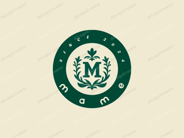 The image is a digital drawing of an emblem or logo featuring a prominent capital letter "M" set in a bold, serif font. The letter "M" is rendered in a deep green hue that stands out against a soft, cream-colored background