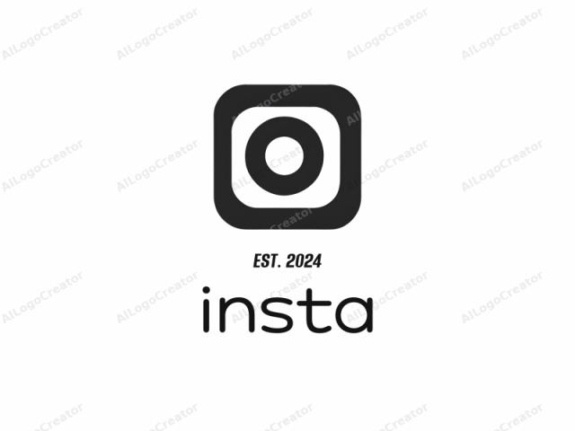 このロゴは、ソーシャルメディアプラットフォームInstagramを表すミニマリストな白黒のアイコンです。画像はシンプルな白い背景の中央に配置され、デザインのシンプルさと明快さを強調しています。アイコンは角が丸い正方形のフレームを特徴としており、