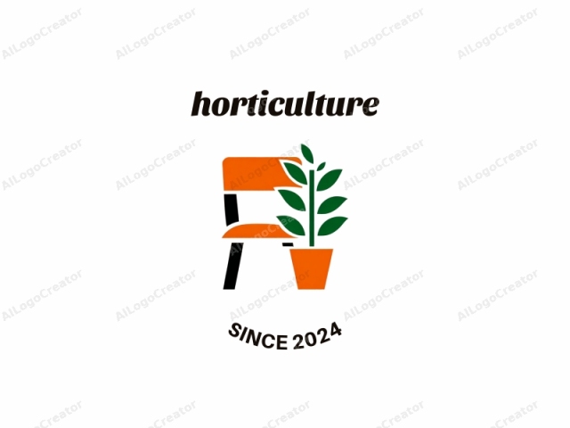 This logo is a simple, flat design consisting of a stylized chair and plant. The chair is depicted in an abstract, minimalist style with a solid orange frame and black legs, positioned at the center of the image. To the right of the