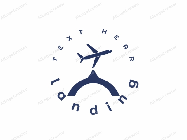 El logo es un dibujo digital simple con un diseño minimalista. El color principal es azul marino oscuro sobre un fondo blanco puro. El dibujo muestra una silueta estilizada de un avión contra un arco curvo. El avión está posicionado horizontalmente y se muestra