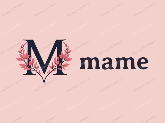 This image is a minimalist, digital illustration featuring the uppercase letter "M" prominently centered against a pale pink background. The letter "M" is in a bold, serif font with a clean, smooth texture and a dark navy blue color, which