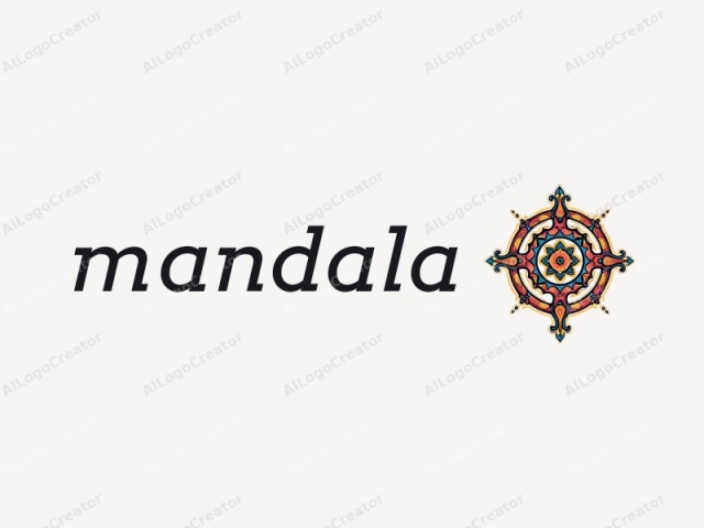 This is a digital, symmetrical logo design featuring an intricate, circular pattern with bold, vibrant colors. At the center is a central flower-like motif, surrounded by a series of curved and pointed elements. The colors used are primarily red, orange