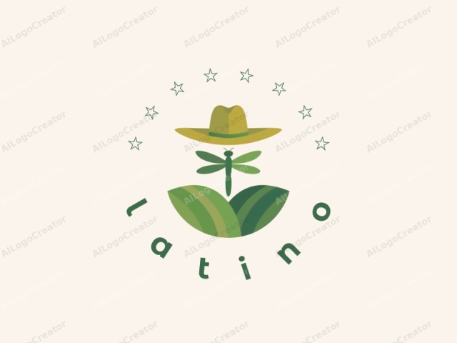 featuring a minimalist, abstract design in a clean, modern style. The central image is a stylized depiction of a farmer. It consists of a green dragonfly with transparent wings positioned vertically, representing the farmer, and a mustard-yellow farmer's hat tilted